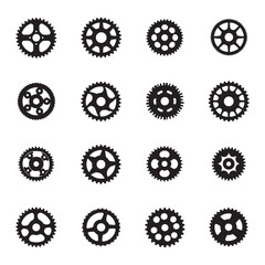 Collection of sixteen gear icons isolated on white background, representing various mechanical designs