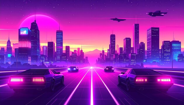 synthwave city skyline with flying cars, purple pink gradients, retro 