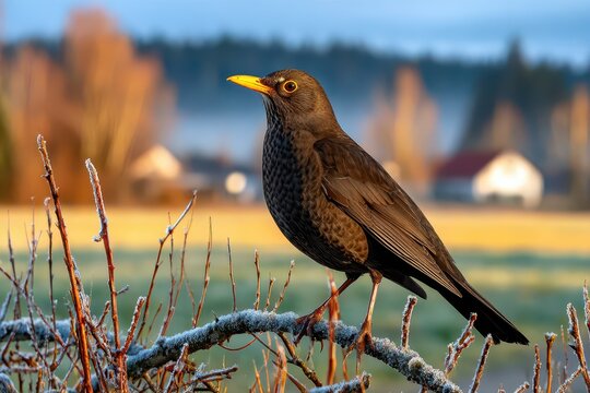 A blackbird with bright yellow beak perched on a frosty branch at dawn.