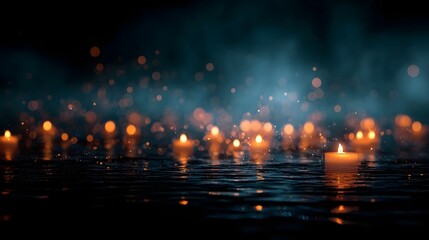 Obraz premium Floating candles cast a warm glow on dark water under a mystical hazy night sky with bokeh lights