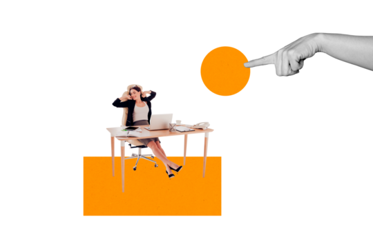 Composite artwork collage image picture of arm point finger mini girl desktop isolated on creative background
