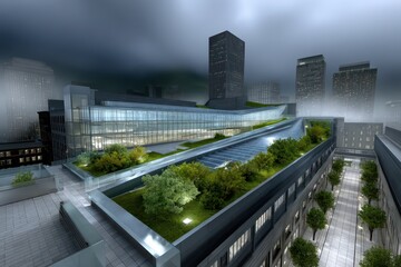 Fototapeta premium A striking modern urban complex with green roofs and sleek glass facades.