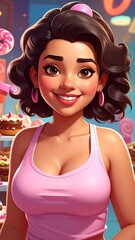 Smiling woman in pink top, surrounded by cakes
