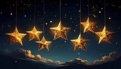 Shining Stars A Celestial Display of Gold and Light in a Night Sky, Creating a Magical Atmosphere