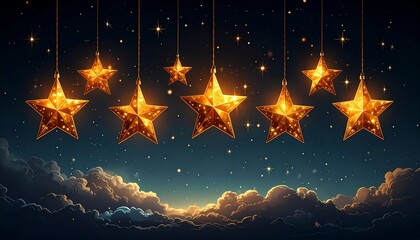 Sparkling Stars Ascending Through a Dreamy Night Sky Adorned with Wispy Clouds