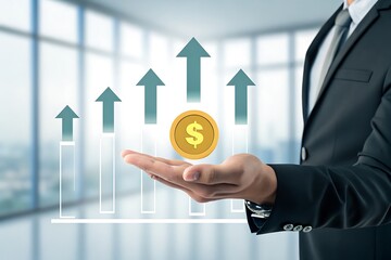 Businessman holding a golden coin with upward arrows symbolizing financial growth