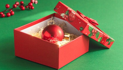 Festive red gift box with a Christmas ornament inside, perfect for holiday celebrations