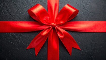 A luxurious red satin gift bow with a tied ribbon creates a beautiful design element on a sophisticated dark slate background