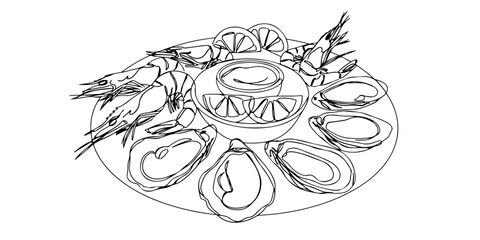 Continuous one line of seafood on a plate with shrimp, oysters, and lemon slices, minimalist fine dining style drawing vector illustration.
