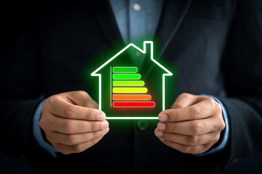 Man holding a glowing green house symbol with energy efficiency bars