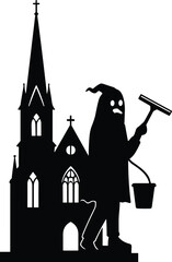 Gothic church silhouette, haunted ghost cleaner, spooky window washing, surreal paranormal humor, gothic architecture art, supernatural satire, eerie night illustration, fantasy