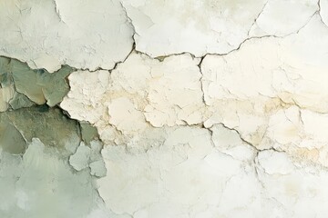 Obraz premium A weathered, cracked wall displays a palette of muted greens and whites, revealing a textured surface of aged paint.