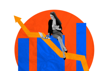 Composite trend artwork sketch image collage of arrow business aim goal target success young lady office manager sit work tablet laptop