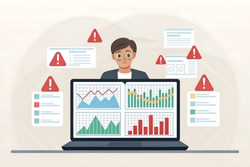 Man analyzing financial charts and data with warning signs