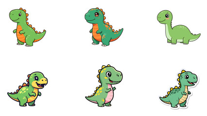 Collection of six adorable green cartoon dinosaurs isolated on transparent background, perfect for childrens illustrations
