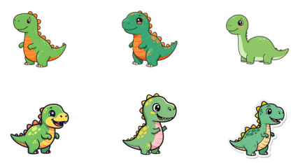 Collection of six adorable green cartoon dinosaurs isolated on transparent background, perfect for childrens illustrations