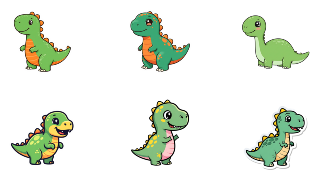 Collection of six adorable green cartoon dinosaurs isolated on transparent background, perfect for childrens illustrations
