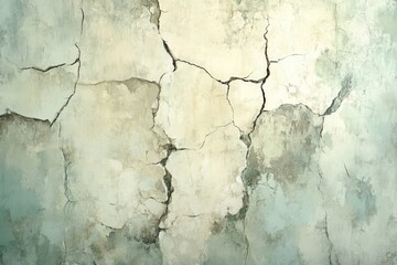 Obraz premium A weathered, cracked concrete wall displays a muted palette of pale greens, creams, and grays, showcasing the textured surface and depth of age.