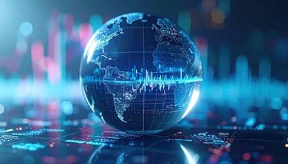 A futuristic globe showcasing data visualization trends with blue hues and a digital background, emphasizing technology and global connectivity.