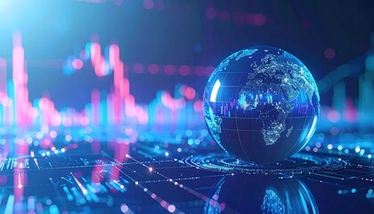 A digital globe surrounded by vibrant graphs and data patterns, representing global connectivity and technological advancement.