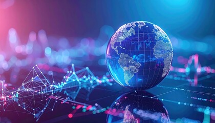 A digital representation of a blue globe surrounded by colorful data visualizations, symbolizing global connectivity and technology.