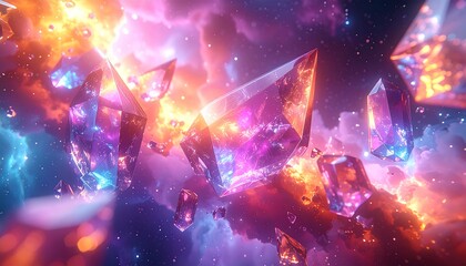 geometric crystals floating in cosmic space, iridescent colors, soft vol 