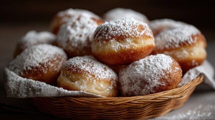 Freshly baked sweet pastries dusted with powdered sugar in a rustic woven basket