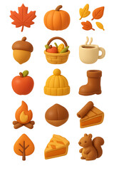 3D set icon of warm fall harvest objects including acorn, apple, boot, scarf, basket, and seasonal leaves in cozy orange tones.
