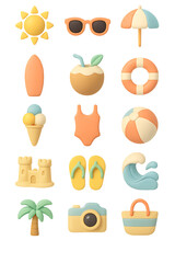 3D summer vacation icon pack—lifebuoy, ice-cream cone, beach ball, flippers, snorkel mask, sun hat, flip-flops, and sandcastle—bright tropical mood for travel designs.
