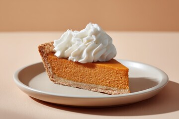 Delicious Pumpkin Pie Slice Topped with Whipped Cream on a Plate