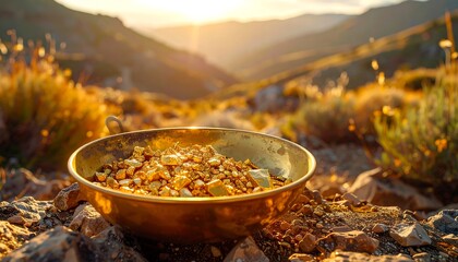A sunlit gold pan overflowing with nuggets sits on a rocky outcrop, with mountain scenery as the backdrop. The setting sun illuminates everything