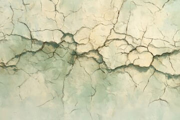 Obraz premium A textured surface of cracked, pale green and cream-colored plaster, exhibiting deep fissures and weathered appearance.