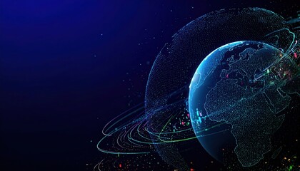 A digital representation of Earth, surrounded by vibrant data lines and dots, symbolizing global connectivity and technology in a dark background.