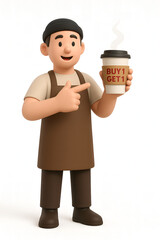 3D character barista in apron presenting a takeaway coffee cup with “buy-one-get-one” label—friendly pose, warm tones, and clear shop-promo messaging.
