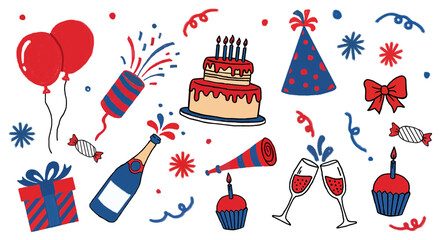 Illustration of hand drawn birthday party decoration isolated on transparent background