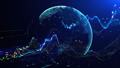 A digital representation of Earth surrounded by data visualizations, showcasing global connectivity and analytics in a futuristic style.