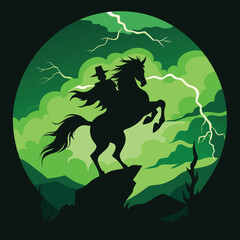 A stark silhouette of a headless horseman mid-gallop against a sudden flash of sickly green lightning..
