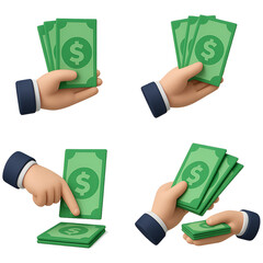 3D illustration set of a hand holding several green dollar bills stacked together, isolated on white background.
