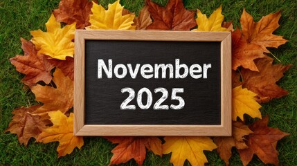 A cheerful chalkboard displays the word November, framed by vibrant orange and yellow leaves, resting on lush green grass, marking the transition into fall festivities
