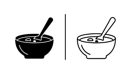Soup bowl with spoon in outline style with transparent background