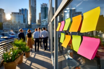 Dynamic office balcony scene with colorful sticky notes and a city backdrop at sunset.