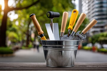 A galvanized bucket of essential gardening hand tools ready for spring work.