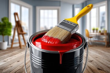 Vibrant red paint can with brush for home decorating or art project.