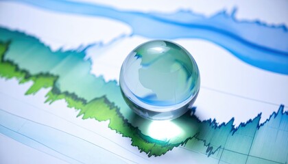 A clear glass orb rests on a colorful line graph, reflecting data trends in various shades of blue and green.