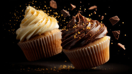 Dark cupcake falling mid-air. Two fresh baked chocolate muffins on black background. Sweet vanilla frosting falls. Crumbs flying chocolate shards with golden sprinkles fly. Appetizing moment captured.
