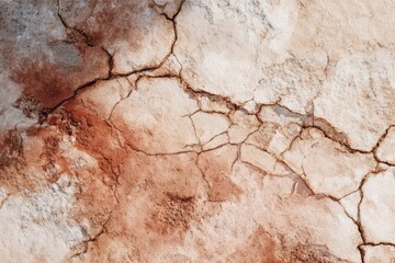 Fototapeta premium A close-up view of a weathered surface with intricate, deep cracks and varying shades of beige and terracotta.
