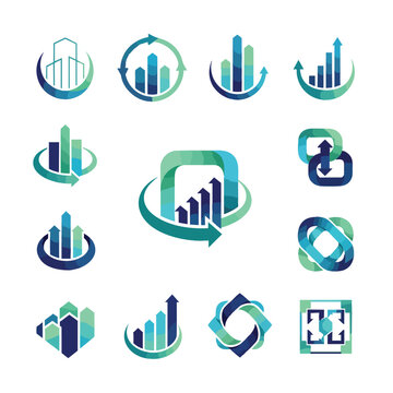 A collection of modern blue and green logo templates for business finance and real estate.