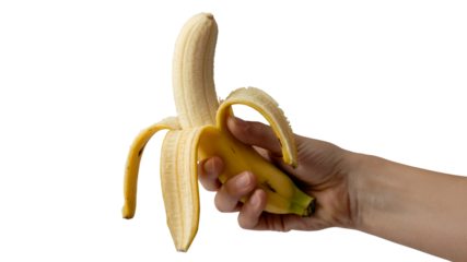 hand holding peeled banana ready to eat. Isolated on transparent background, png