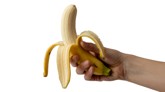 hand holding peeled banana ready to eat. Isolated on transparent background, png