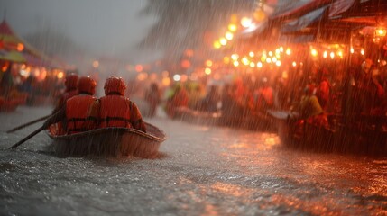 Group of individuals in orange life jackets rowing a boat through heavy rain at a vibrant market scene